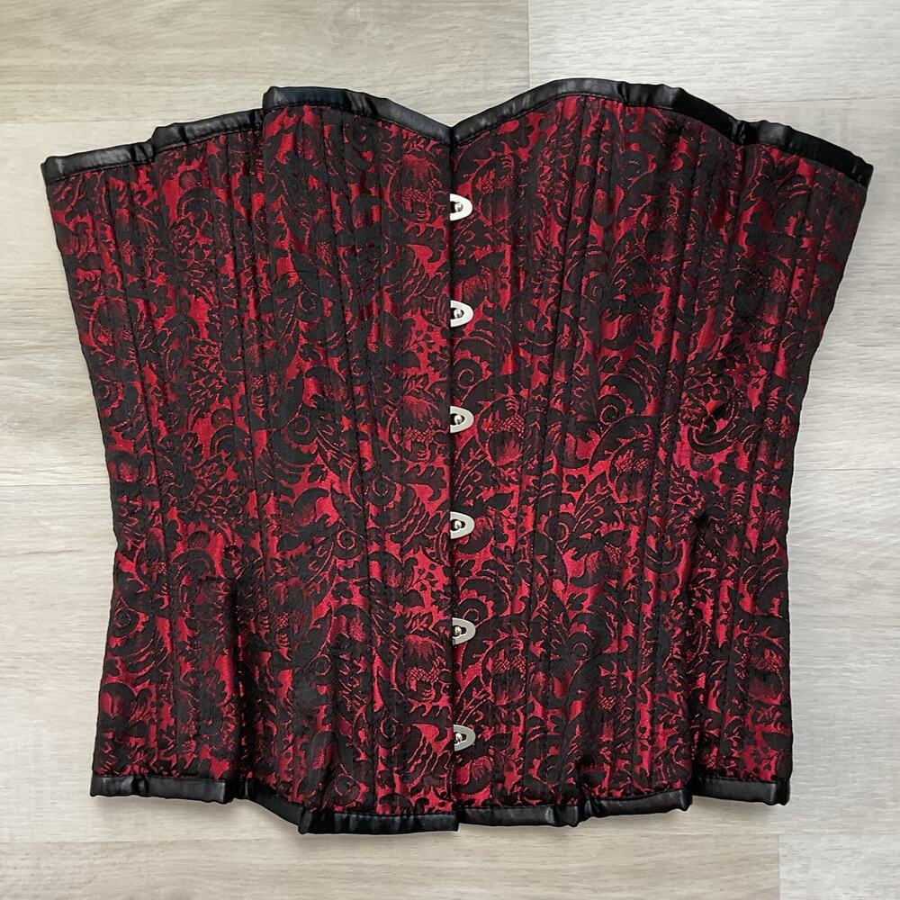 Red and Black Womens Gothic Brocade Corset Floral Lace Overlay Steel Boning 24